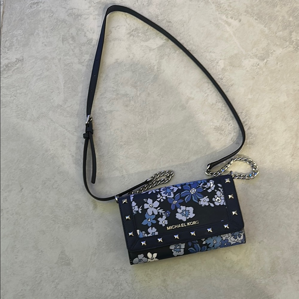 Michael Kors Blue and Black Crossbody Bag with Floral Design